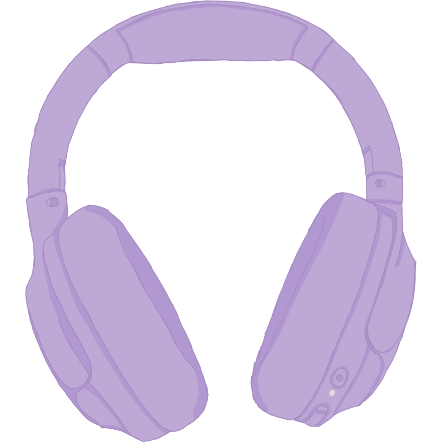 A pair of minimally shaded Bluetooth headphones. They are completely purple except for a little white light underneath the power button and above the volume controls indicating that the headphones are turned on.